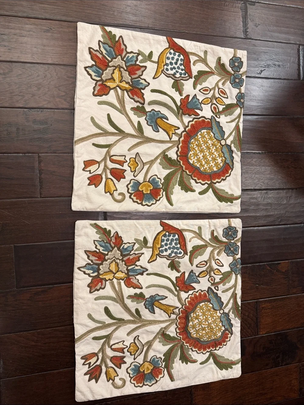 Embroidered Floral Cotton Pillow covers - Multicolor on Cream 20 x 20 (Set of 2)